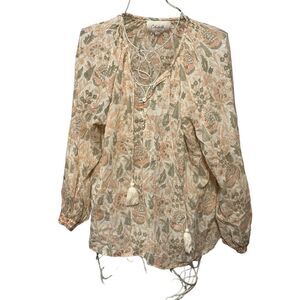 BEAUTIFUL Cleobella Women's Cream Tasseled Boho Paisley Puff Sleeve Blouse Size